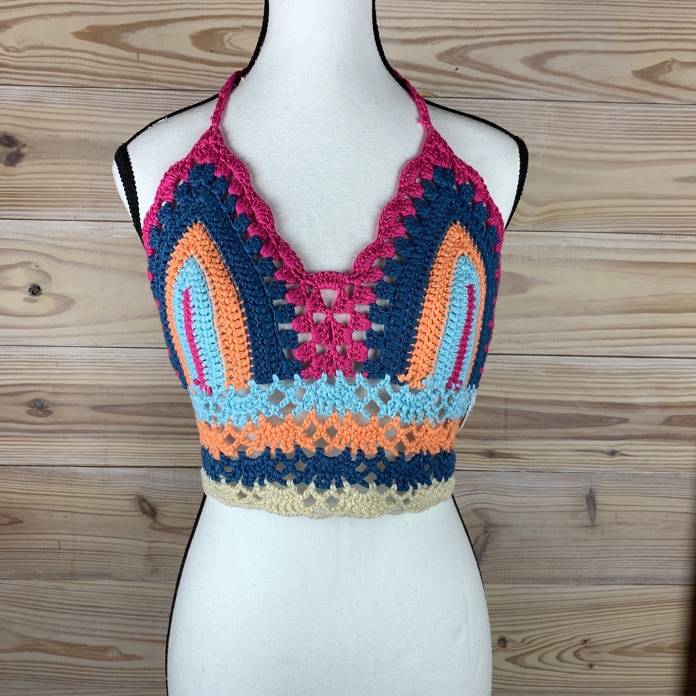WoWo Crochet Halter Top Womens OS Multi Color Boho Knit Triangle Festival Top